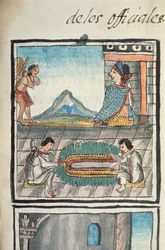 Ms Palat. 218-220 Buch IX Handwerker aus dem Palast der aztekischen Herrschaft, die Federkopfschmuck herstellen, aus einem Bericht über aztekische Handwerke in Zentralmexiko, geschrieben und illustriert von Bernardino de Sahagun, Spanisch